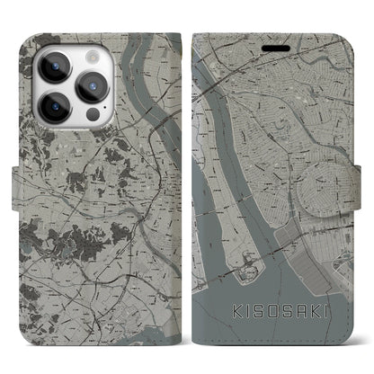 【木曽岬（三重県）】地図柄iPhoneケース（手帳タイプ）モノトーン・iPhone 14 Pro 用