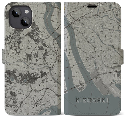 【木曽岬（三重県）】地図柄iPhoneケース（手帳タイプ）モノトーン・iPhone 14 Plus 用