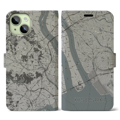 【木曽岬（三重県）】地図柄iPhoneケース（手帳タイプ）モノトーン・iPhone 15 用