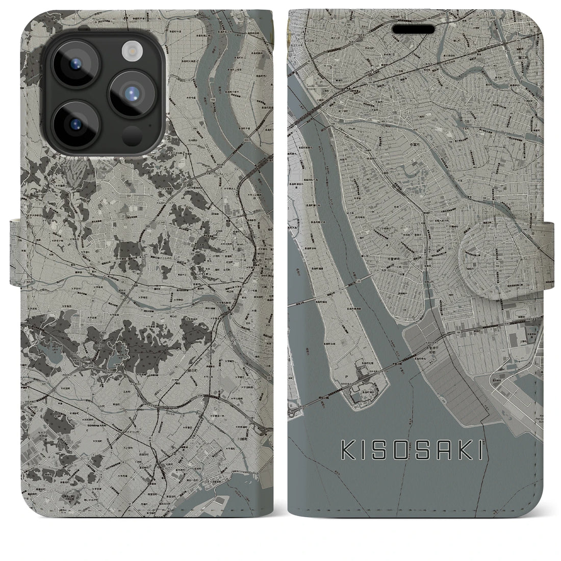 【木曽岬】地図柄iPhoneケース（手帳両面タイプ・モノトーン）iPhone 15 Pro Max 用