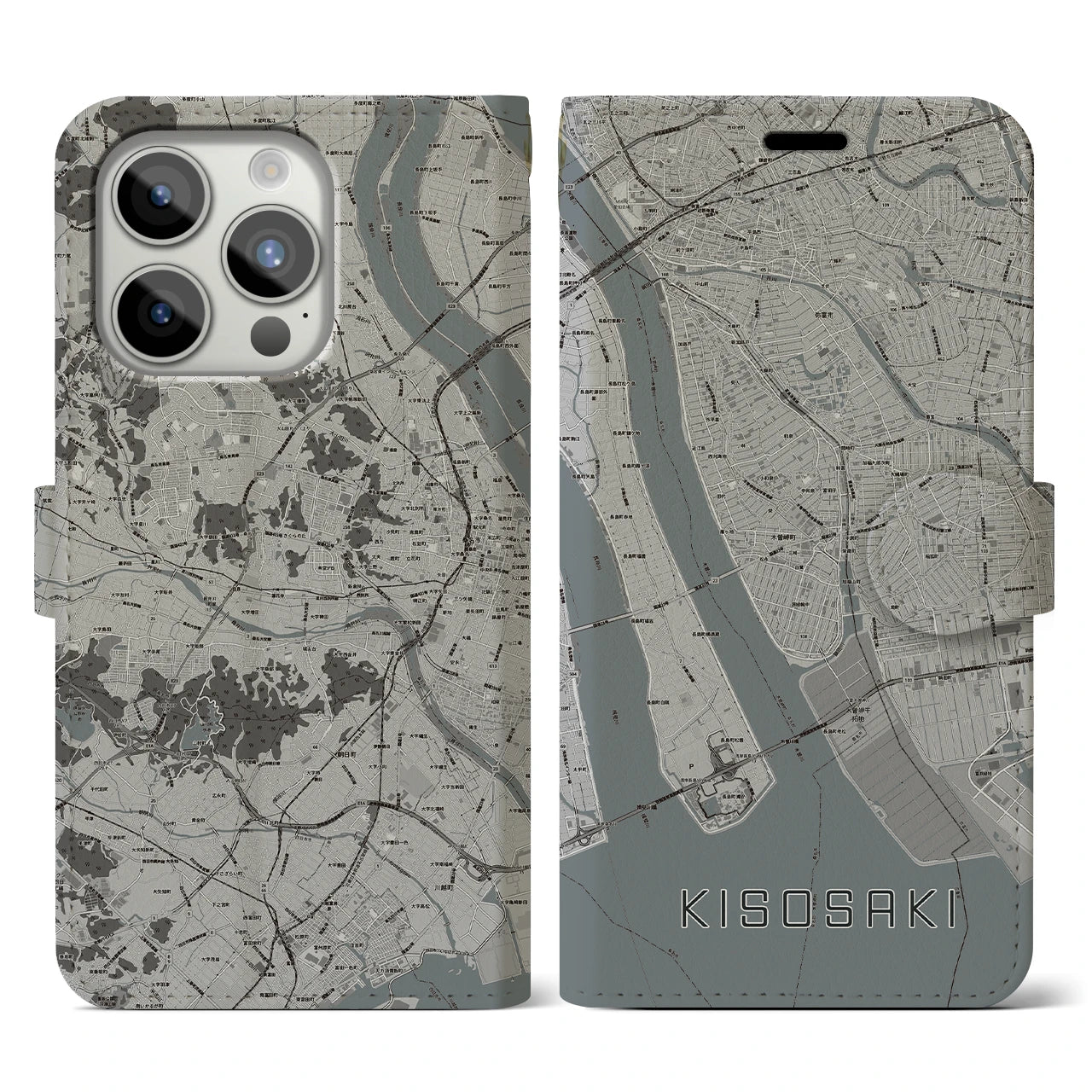 【木曽岬】地図柄iPhoneケース（手帳両面タイプ・モノトーン）iPhone 15 Pro 用
