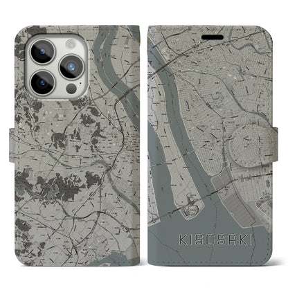 【木曽岬（三重県）】地図柄iPhoneケース（手帳タイプ）モノトーン・iPhone 15 Pro 用