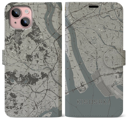 【木曽岬（三重県）】地図柄iPhoneケース（手帳タイプ）モノトーン・iPhone 15 Plus 用