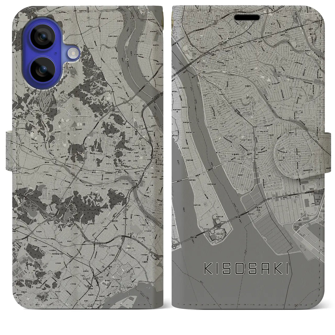 【木曽岬(三重県)】地図柄iPhoneケース(手帳タイプ)モノトーン・iPhone 16 Pro Max 用