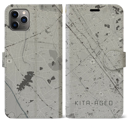 【北上尾（埼玉県）】地図柄iPhoneケース（手帳タイプ）モノトーン・iPhone 11 Pro Max 用