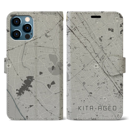 【北上尾（埼玉県）】地図柄iPhoneケース（手帳タイプ）モノトーン・iPhone 12 / 12 Pro 用