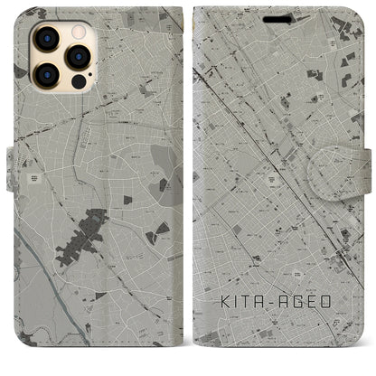 【北上尾（埼玉県）】地図柄iPhoneケース（手帳タイプ）モノトーン・iPhone 12 Pro Max 用