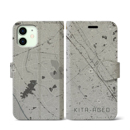 【北上尾（埼玉県）】地図柄iPhoneケース（手帳タイプ）モノトーン・iPhone 12 mini 用