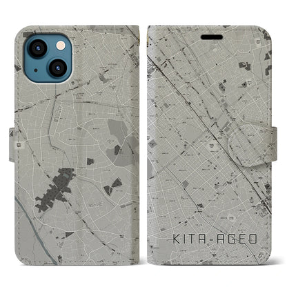 【北上尾（埼玉県）】地図柄iPhoneケース（手帳タイプ）モノトーン・iPhone 13 用