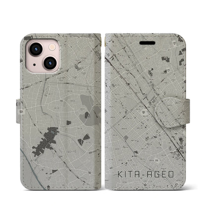 【北上尾（埼玉県）】地図柄iPhoneケース（手帳タイプ）モノトーン・iPhone 13 mini 用