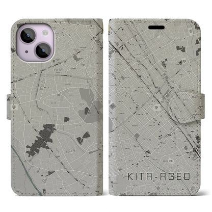 【北上尾（埼玉県）】地図柄iPhoneケース（手帳タイプ）モノトーン・iPhone 14 用