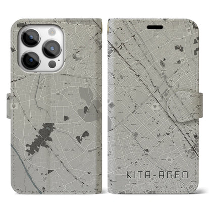 【北上尾（埼玉県）】地図柄iPhoneケース（手帳タイプ）モノトーン・iPhone 14 Pro 用