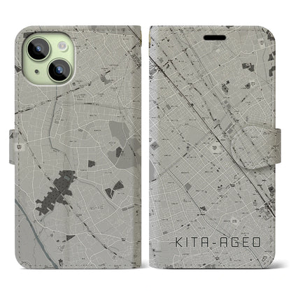 【北上尾（埼玉県）】地図柄iPhoneケース（手帳タイプ）モノトーン・iPhone 15 用