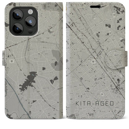 【北上尾（埼玉県）】地図柄iPhoneケース（手帳タイプ）モノトーン・iPhone 15 Pro Max 用