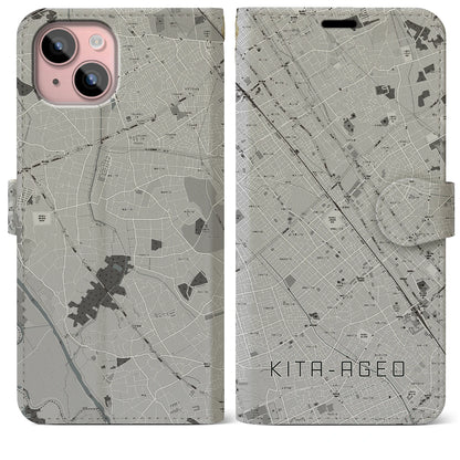 【北上尾（埼玉県）】地図柄iPhoneケース（手帳タイプ）モノトーン・iPhone 15 Plus 用