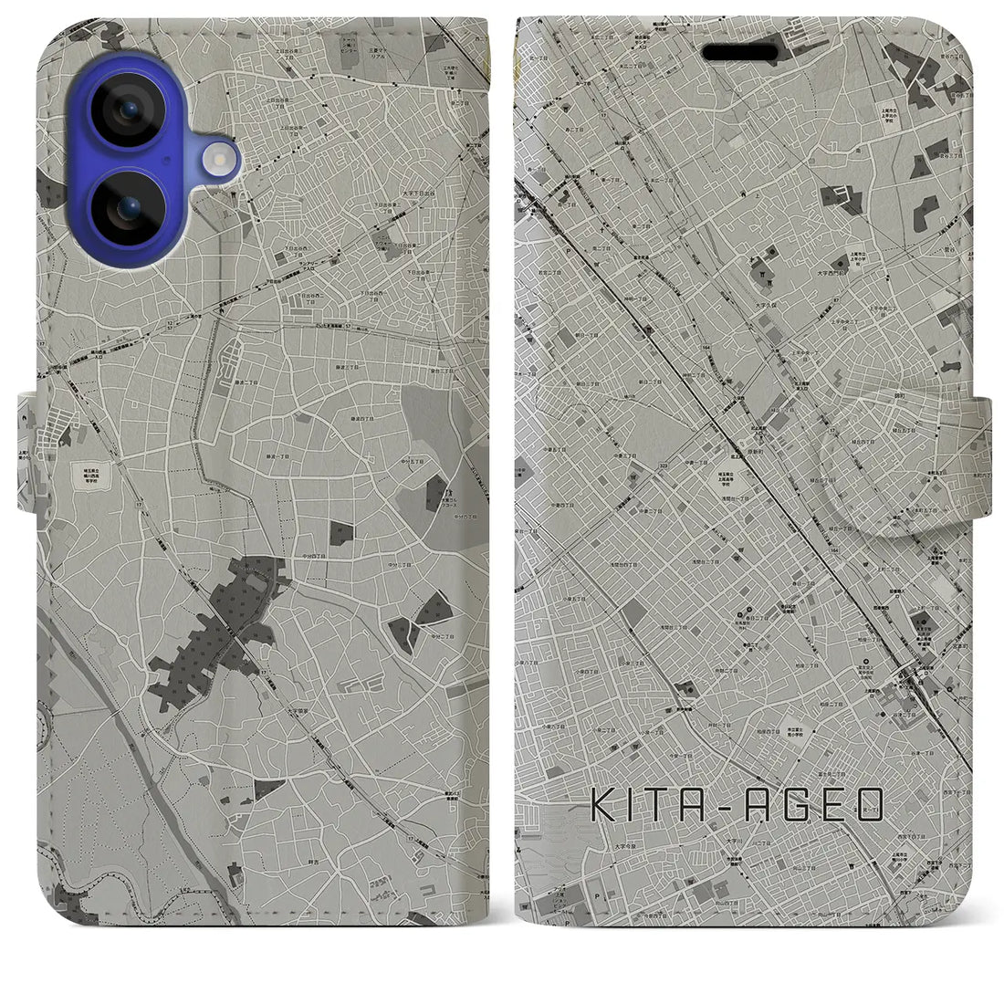 【北上尾(埼玉県)】地図柄iPhoneケース(手帳タイプ)モノトーン・iPhone 16 Pro Max 用