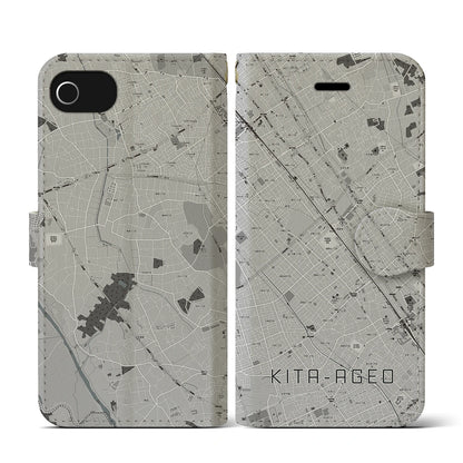 【北上尾（埼玉県）】地図柄iPhoneケース（手帳タイプ）モノトーン・iPhone SE（第3 / 第2世代） / 8 / 7 / 6s / 6 用