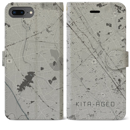 【北上尾（埼玉県）】地図柄iPhoneケース（手帳タイプ）モノトーン・iPhone 8Plus /7Plus / 6sPlus / 6Plus 用