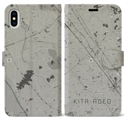【北上尾（埼玉県）】地図柄iPhoneケース（手帳タイプ）モノトーン・iPhone XS Max 用