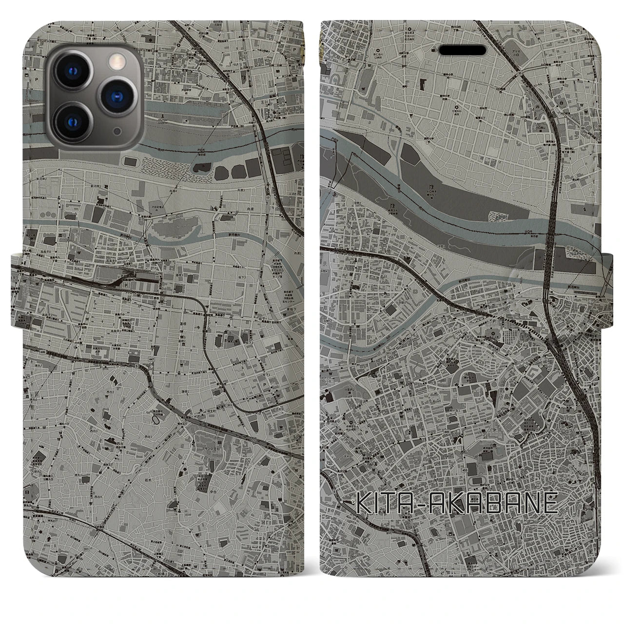 【北赤羽】地図柄iPhoneケース（手帳両面タイプ・モノトーン）iPhone 11 Pro Max 用