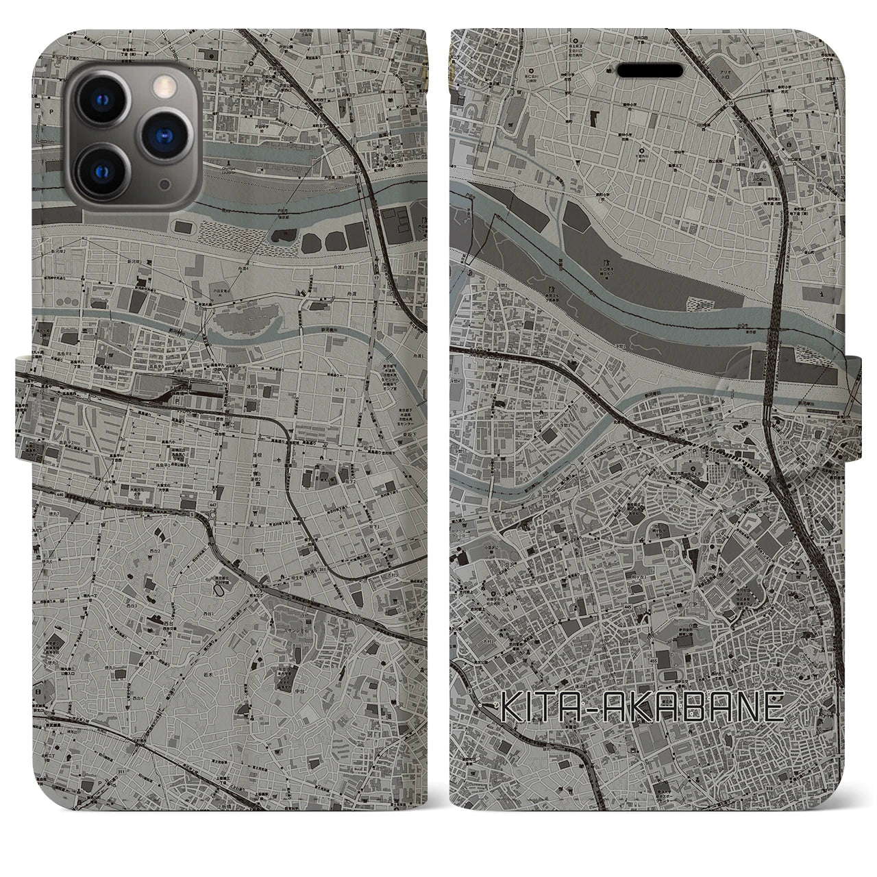 【北赤羽（東京都）】地図柄iPhoneケース（手帳タイプ）モノトーン・iPhone 11 Pro Max 用