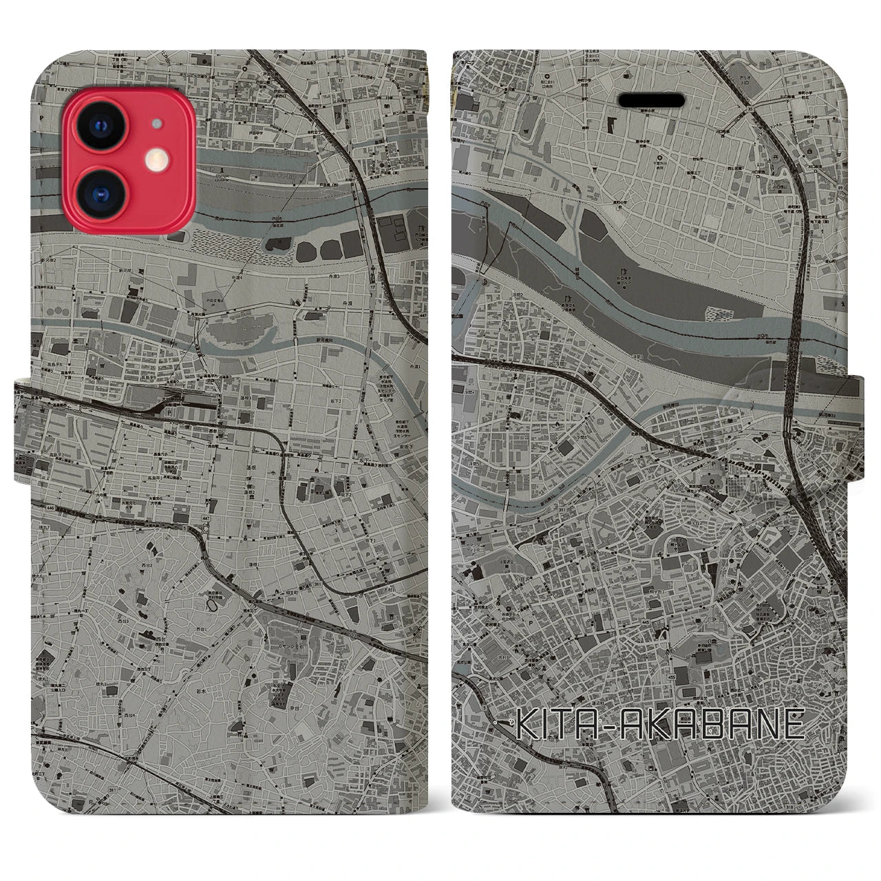 【北赤羽（東京都）】地図柄iPhoneケース（手帳タイプ）モノトーン・iPhone 11 用