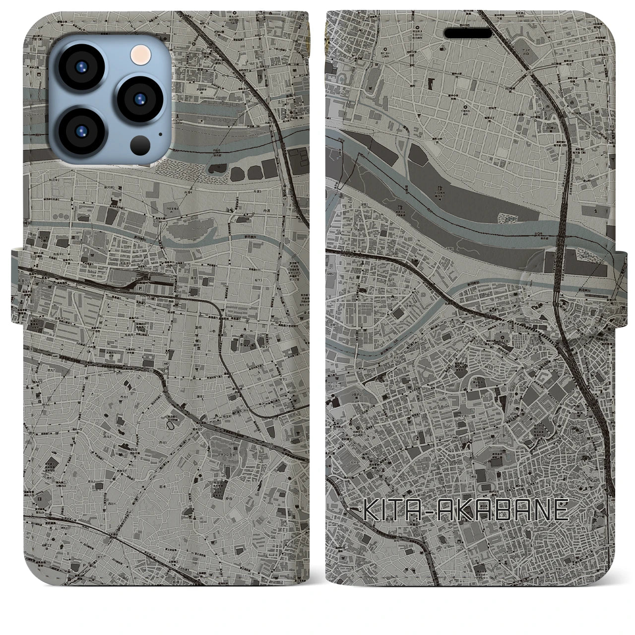 【北赤羽】地図柄iPhoneケース（手帳両面タイプ・モノトーン）iPhone 13 Pro Max 用