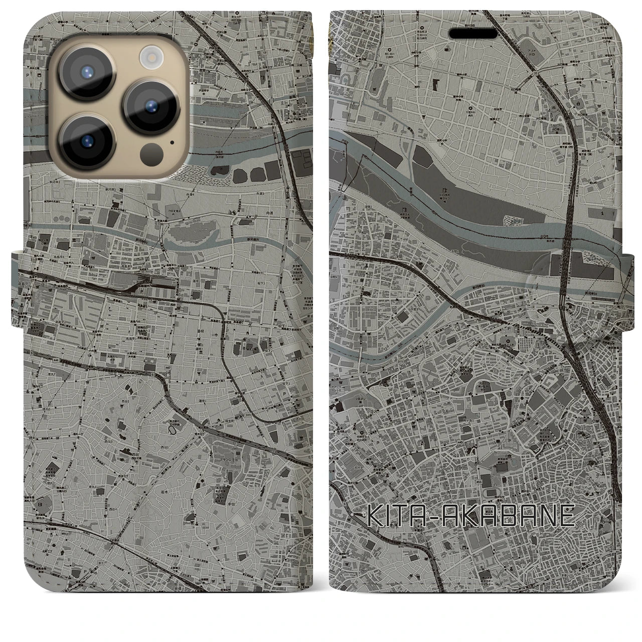 【北赤羽】地図柄iPhoneケース（手帳両面タイプ・モノトーン）iPhone 14 Pro Max 用