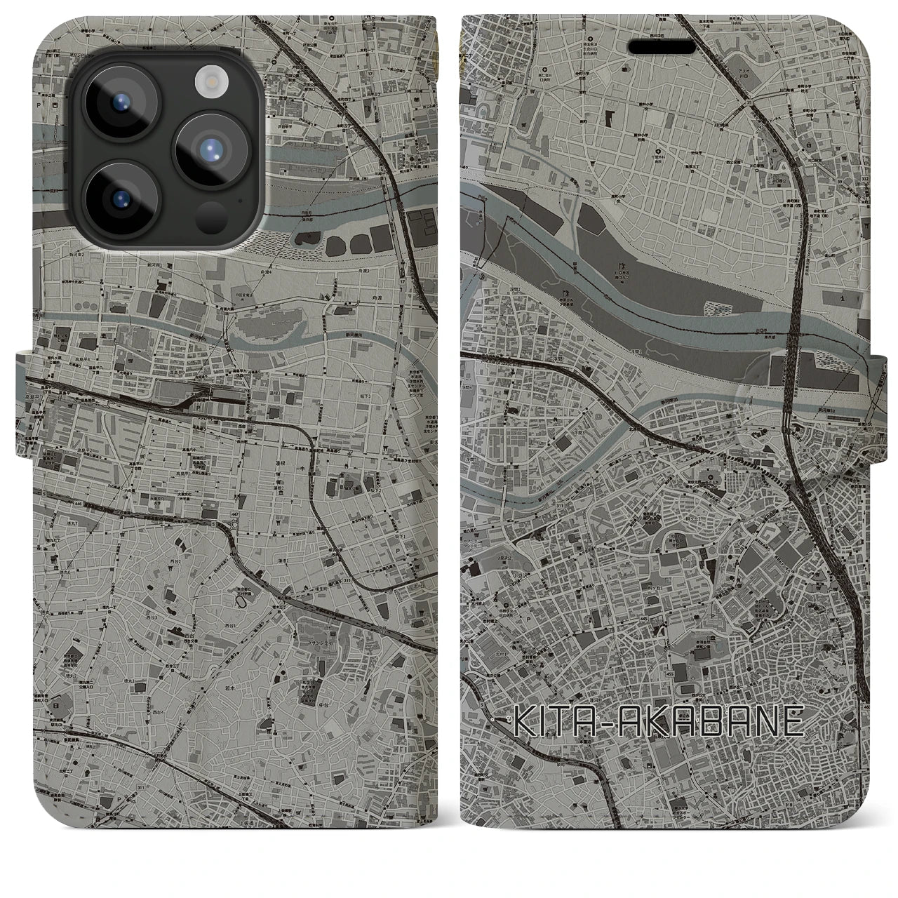 【北赤羽】地図柄iPhoneケース（手帳両面タイプ・モノトーン）iPhone 15 Pro Max 用