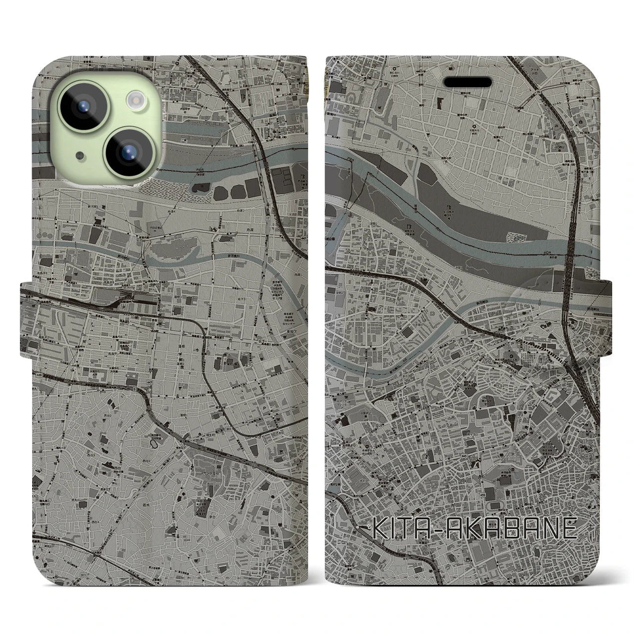 【北赤羽（東京都）】地図柄iPhoneケース（手帳タイプ）モノトーン・iPhone 15 用