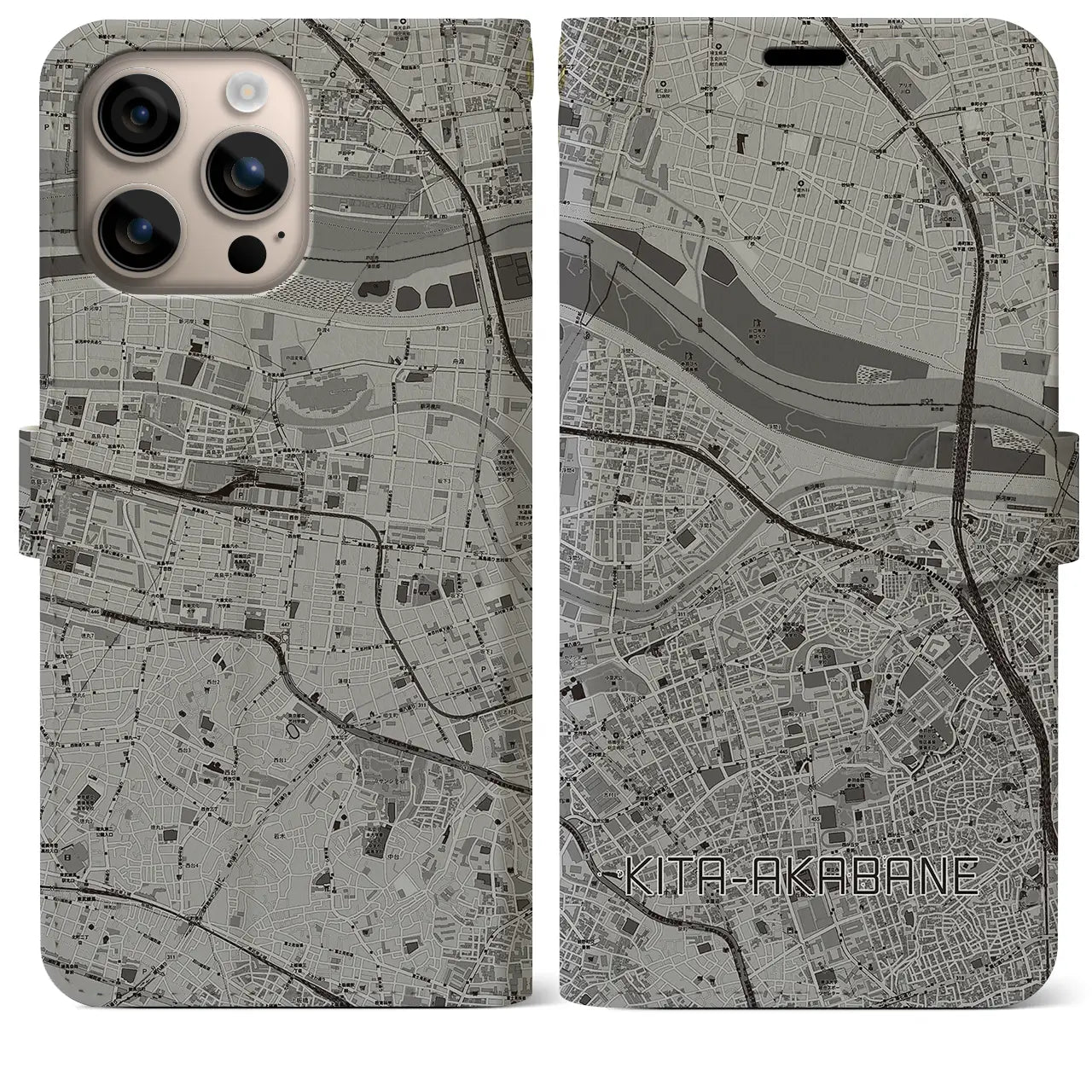 【北赤羽（東京都）】地図柄iPhoneケース（手帳タイプ）モノトーン・iPhone 16 Plus 用