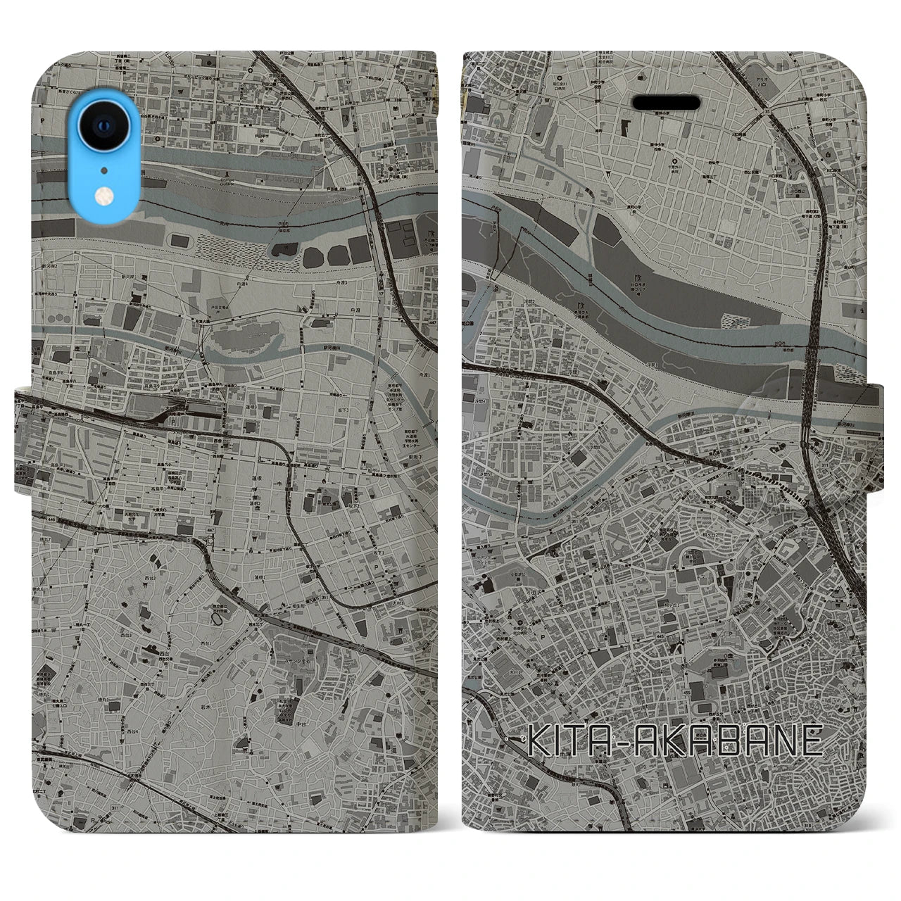 【北赤羽（東京都）】地図柄iPhoneケース（手帳タイプ）モノトーン・iPhone XR 用