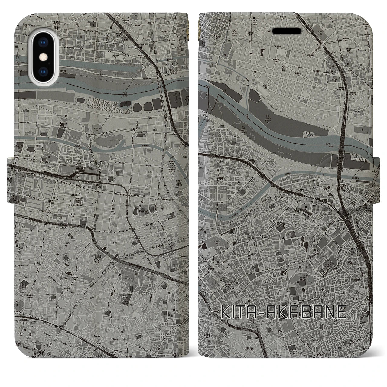 【北赤羽】地図柄iPhoneケース（手帳両面タイプ・モノトーン）iPhone XS Max 用