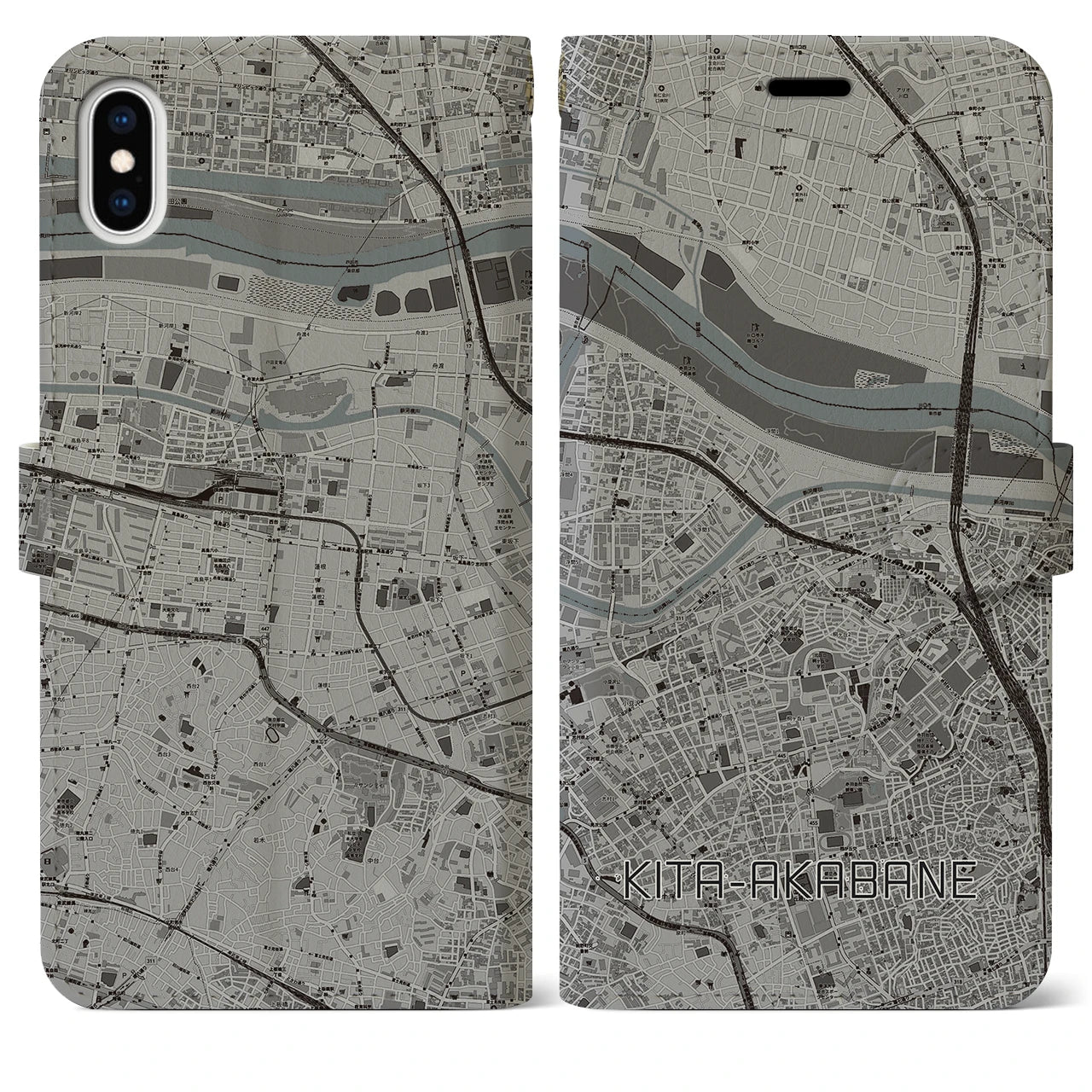 【北赤羽（東京都）】地図柄iPhoneケース（手帳タイプ）モノトーン・iPhone XS Max 用