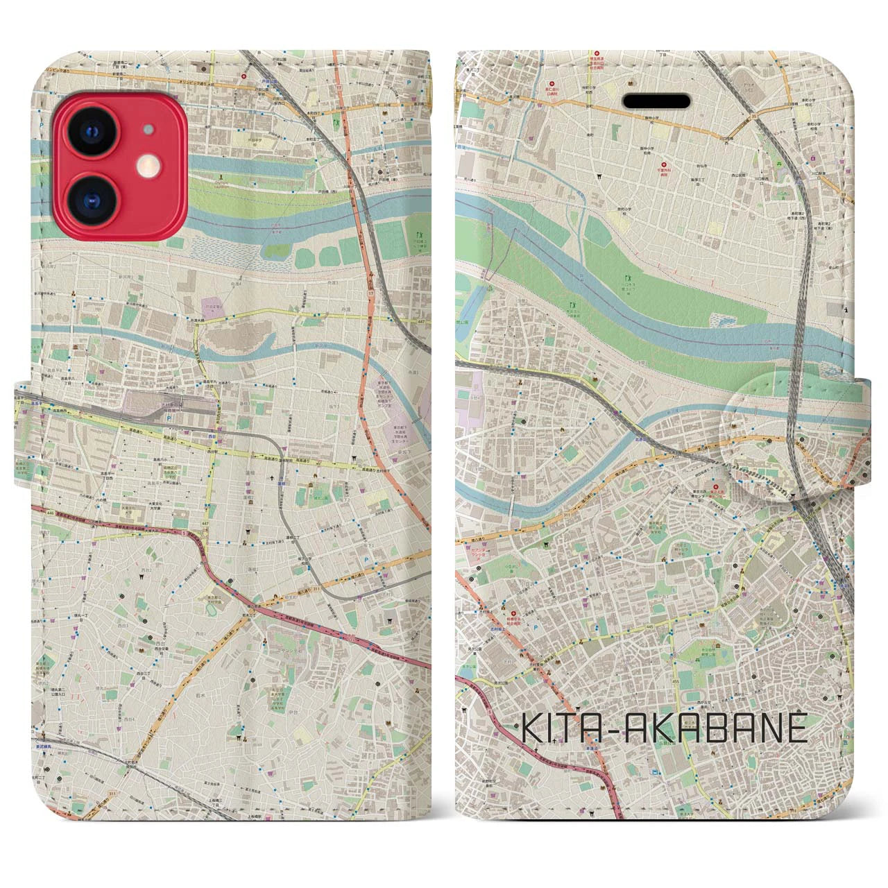 【北赤羽（東京都）】地図柄iPhoneケース（手帳タイプ）ナチュラル・iPhone 11 用