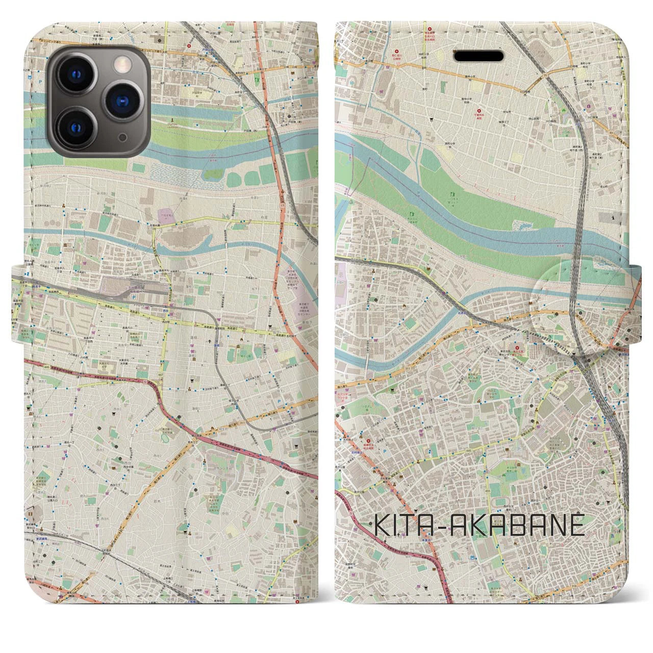 【北赤羽（東京都）】地図柄iPhoneケース（手帳タイプ）ナチュラル・iPhone 11 Pro Max 用