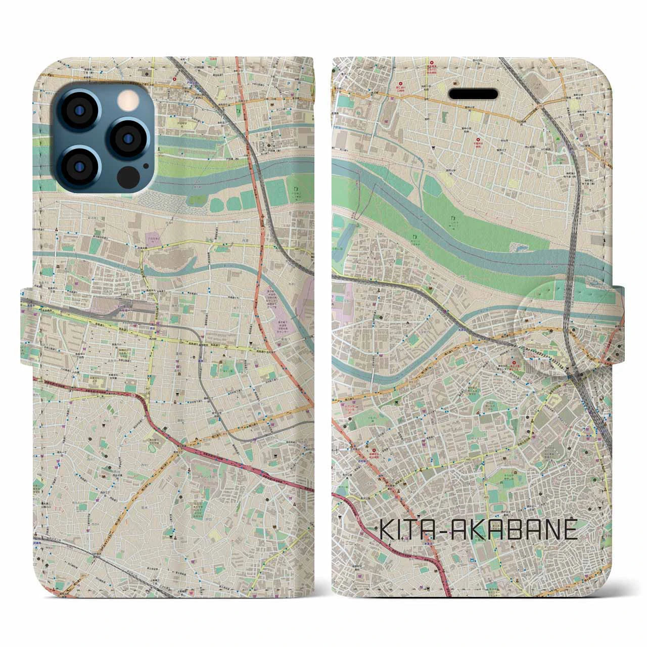 【北赤羽（東京都）】地図柄iPhoneケース（手帳タイプ）ナチュラル・iPhone 12 / 12 Pro 用