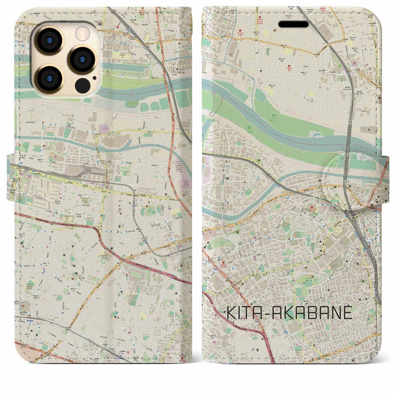 【北赤羽（東京都）】地図柄iPhoneケース（手帳タイプ）ナチュラル・iPhone 12 Pro Max 用