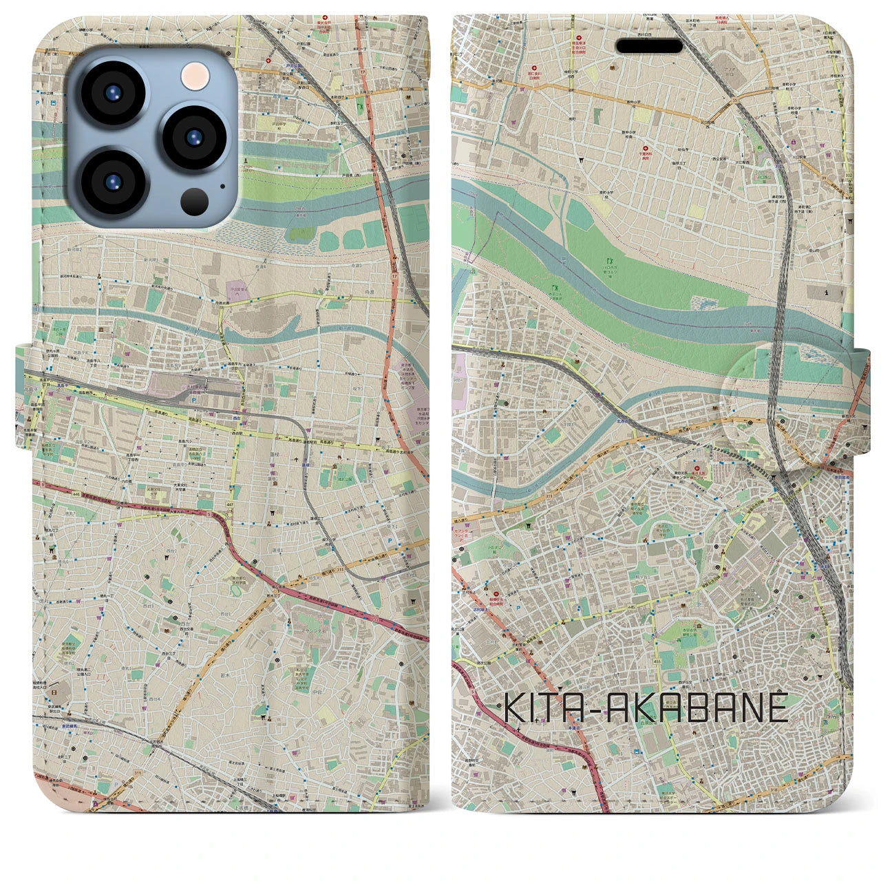 【北赤羽（東京都）】地図柄iPhoneケース（手帳タイプ）ナチュラル・iPhone 13 Pro Max 用