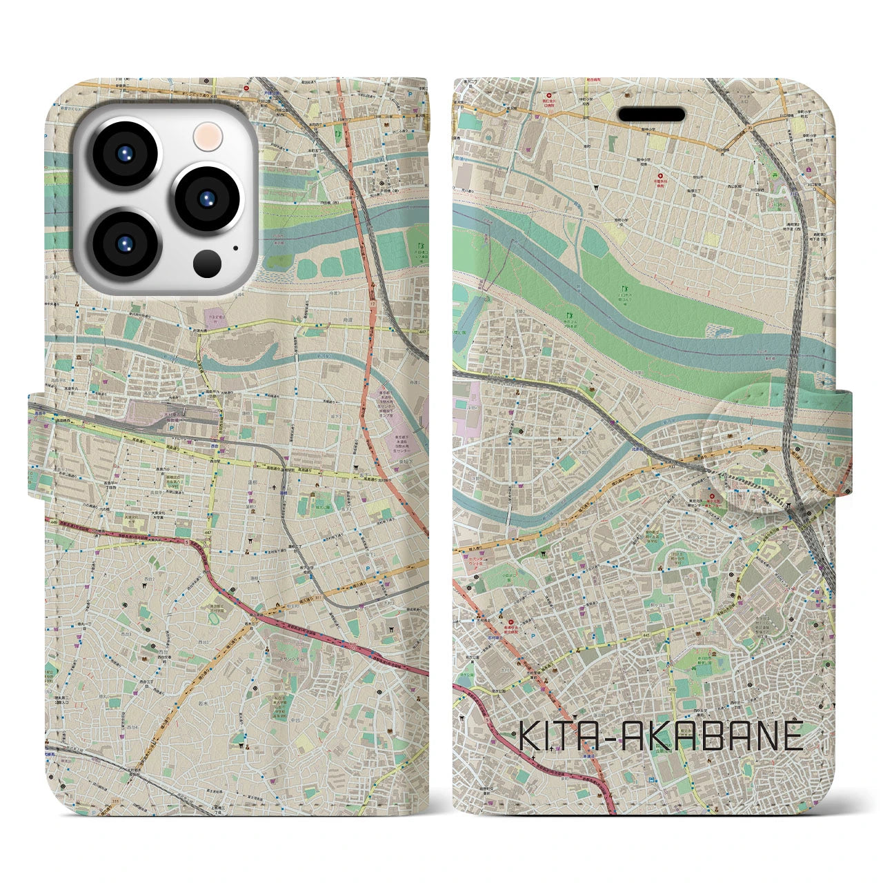 【北赤羽（東京都）】地図柄iPhoneケース（手帳タイプ）ナチュラル・iPhone 13 Pro 用