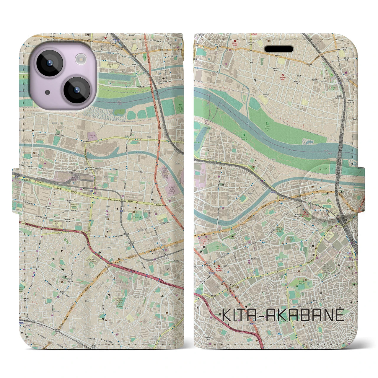 【北赤羽（東京都）】地図柄iPhoneケース（手帳タイプ）ナチュラル・iPhone 14 用