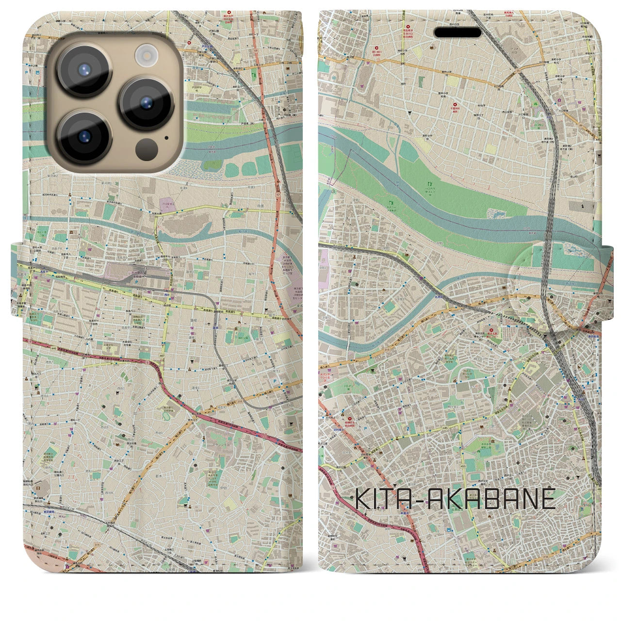 【北赤羽（東京都）】地図柄iPhoneケース（手帳タイプ）ナチュラル・iPhone 14 Pro Max 用