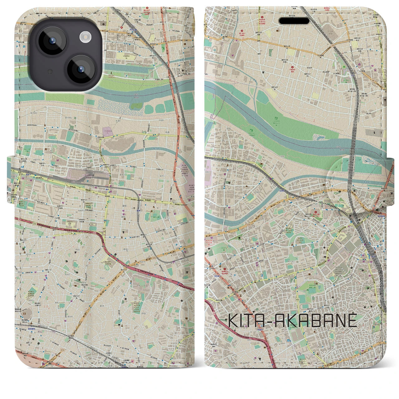 【北赤羽（東京都）】地図柄iPhoneケース（手帳タイプ）ナチュラル・iPhone 14 Plus 用