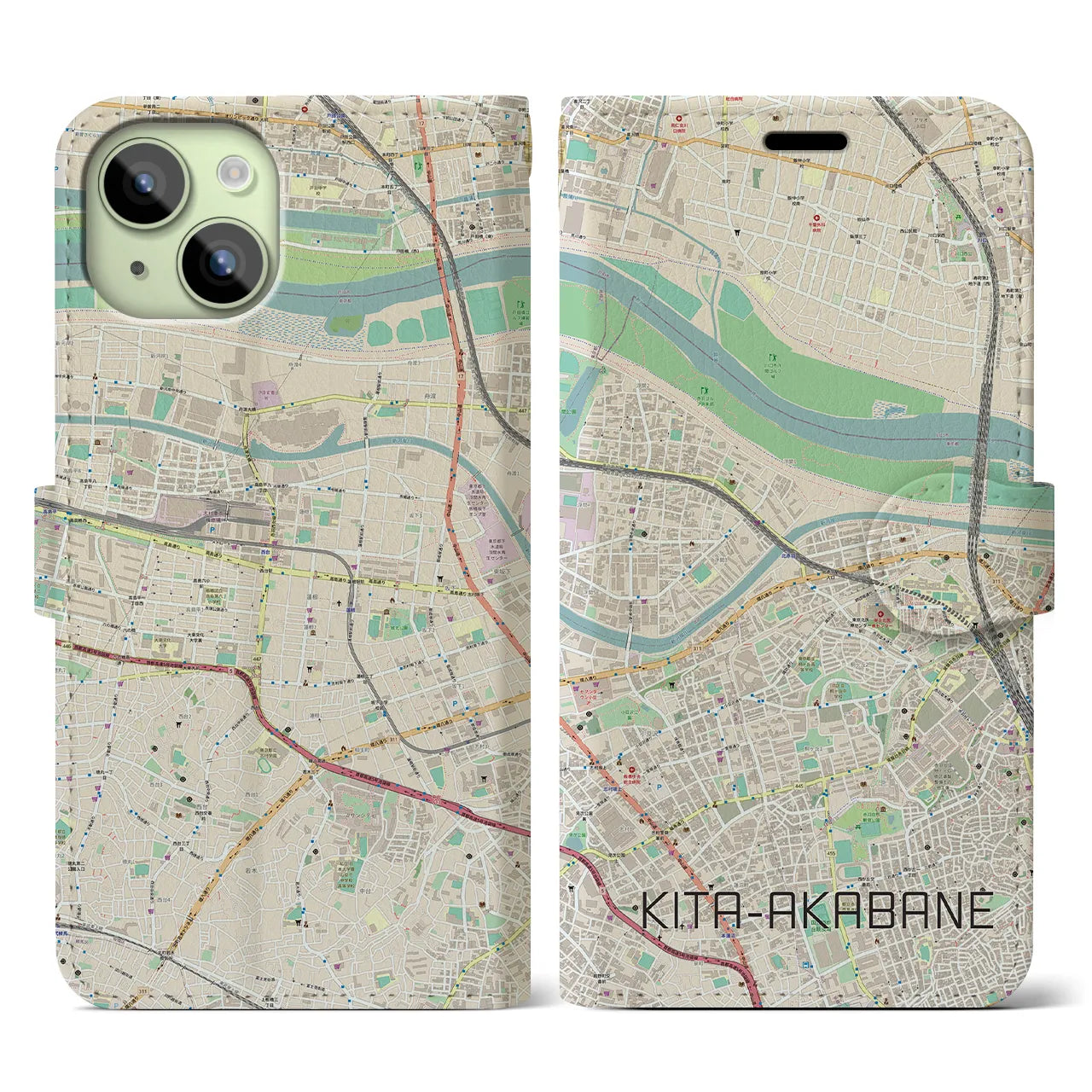 【北赤羽（東京都）】地図柄iPhoneケース（手帳タイプ）ナチュラル・iPhone 15 用