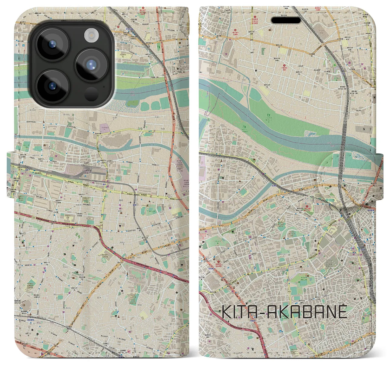 【北赤羽（東京都）】地図柄iPhoneケース（手帳タイプ）ナチュラル・iPhone 15 Pro Max 用