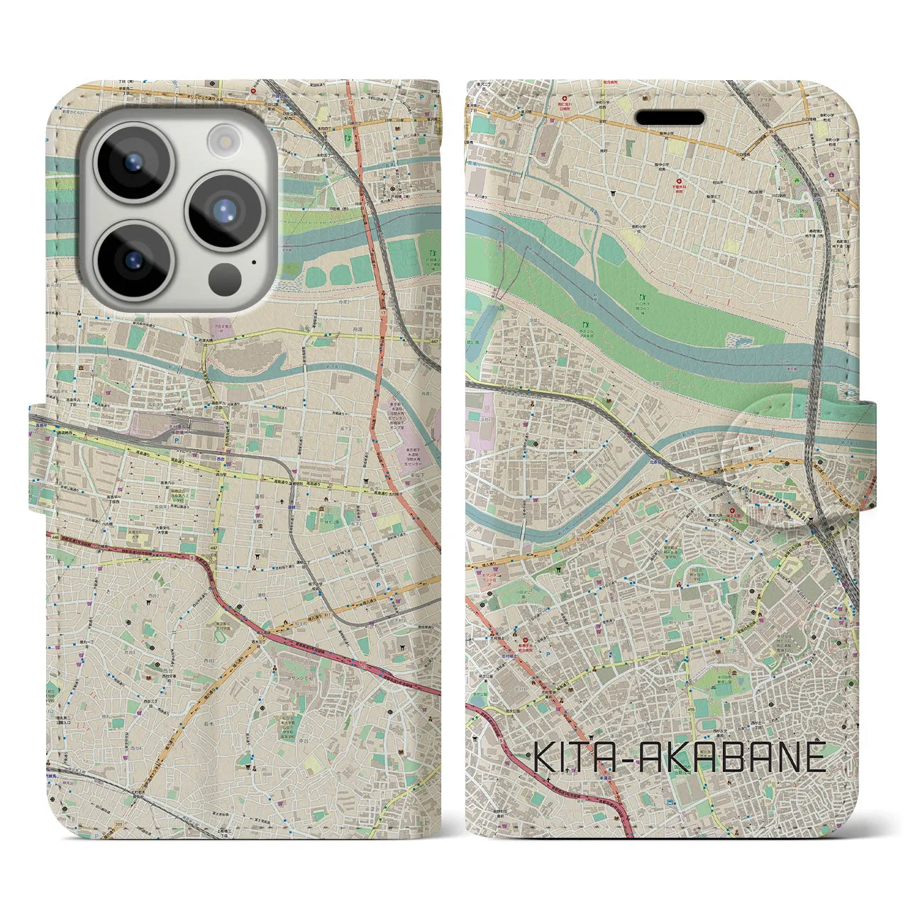 【北赤羽（東京都）】地図柄iPhoneケース（手帳タイプ）ナチュラル・iPhone 15 Pro 用