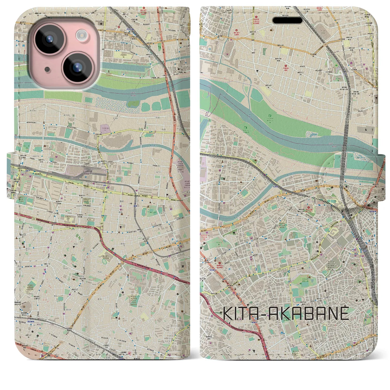 【北赤羽（東京都）】地図柄iPhoneケース（手帳タイプ）ナチュラル・iPhone 15 Plus 用