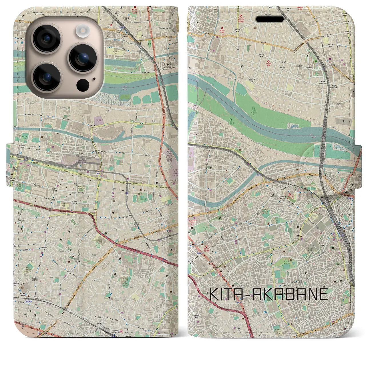 【北赤羽（東京都）】地図柄iPhoneケース（手帳タイプ）ナチュラル・iPhone 16 Plus 用