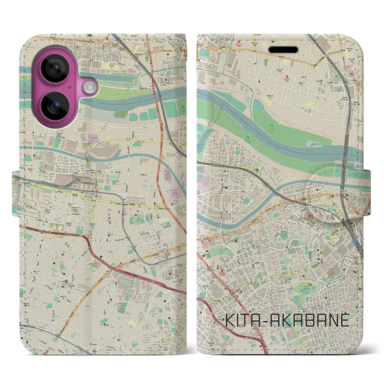 【北赤羽（東京都）】地図柄iPhoneケース（手帳タイプ）ナチュラル・iPhone 16 Pro 用