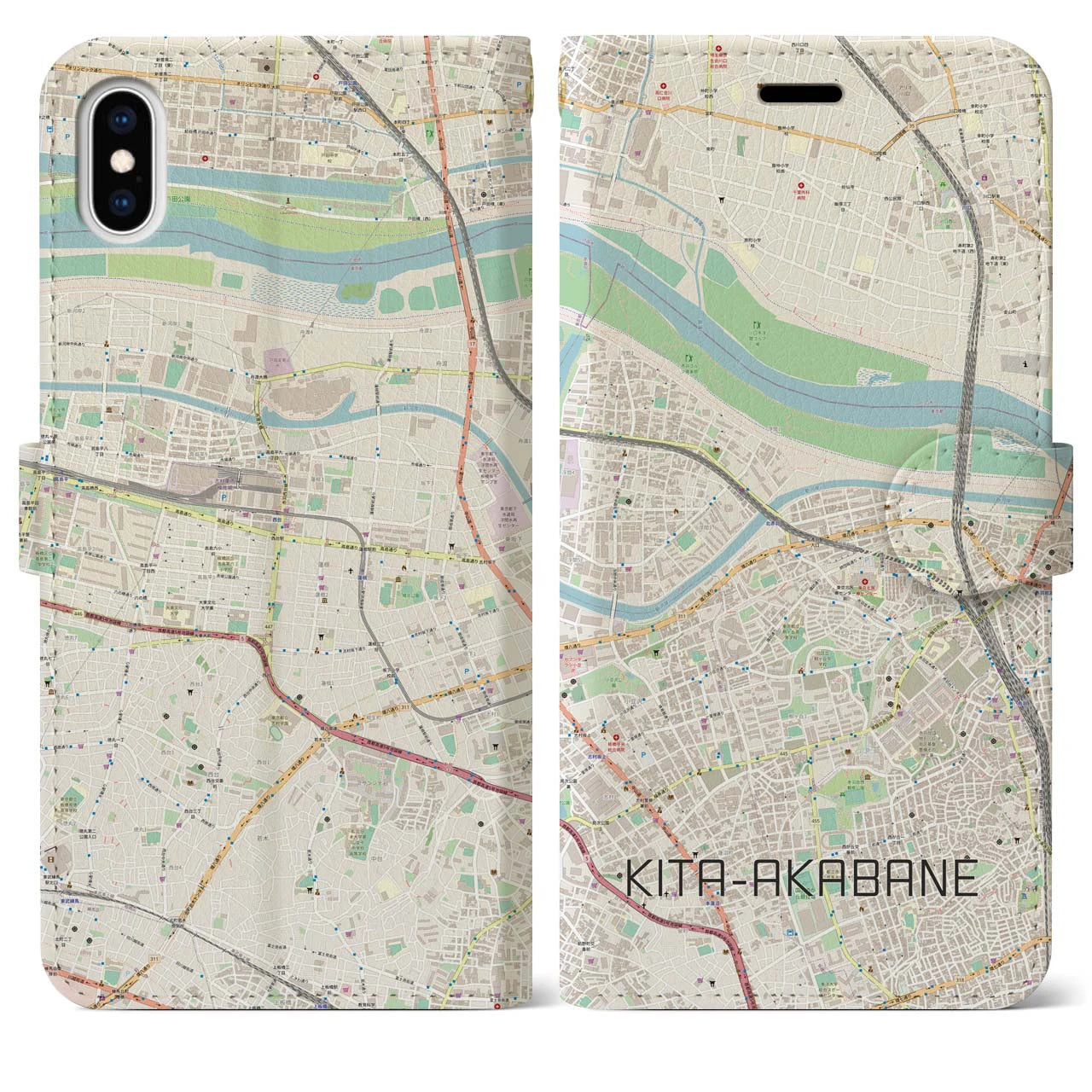 【北赤羽（東京都）】地図柄iPhoneケース（手帳タイプ）ナチュラル・iPhone XS Max 用